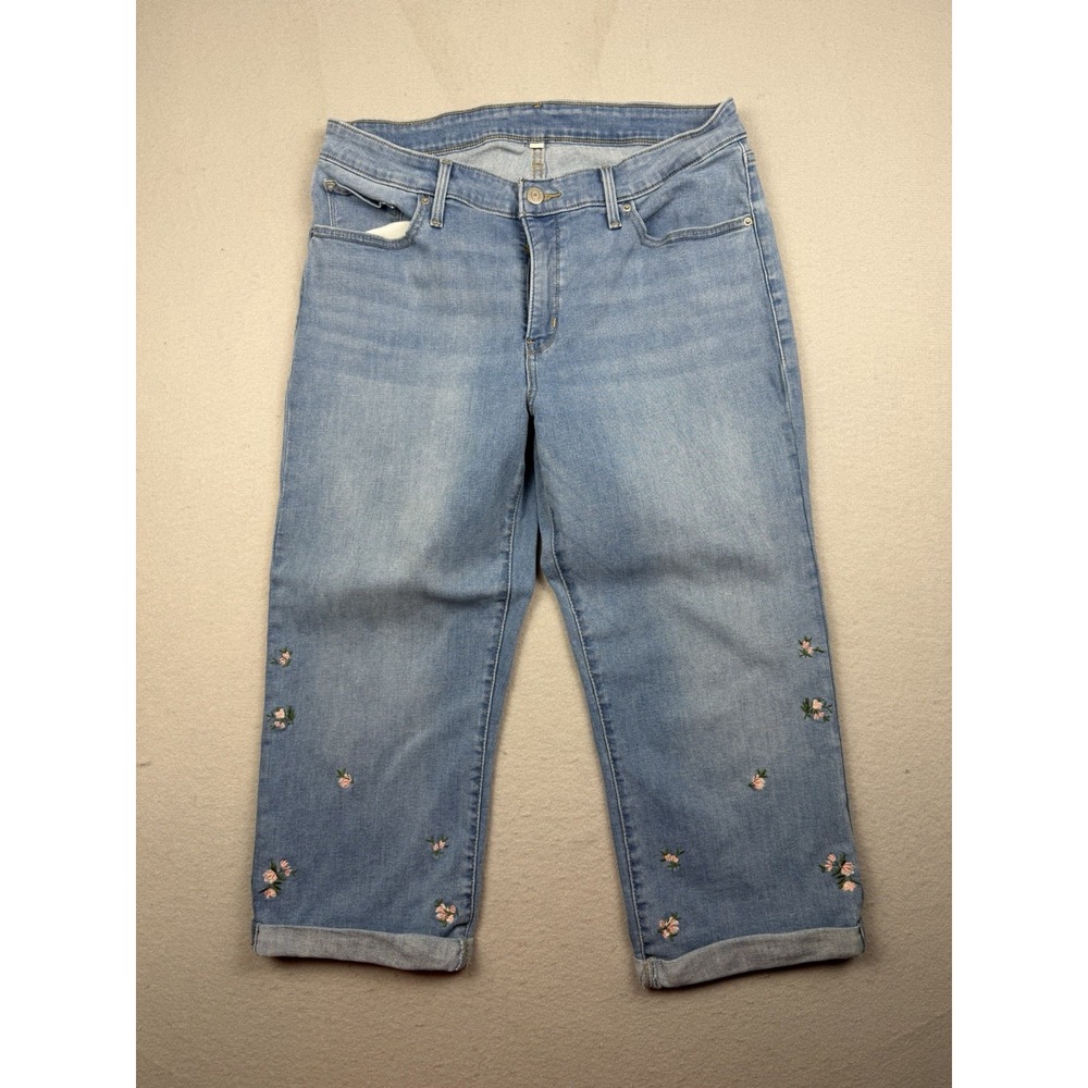 Levi's Women's 18W Boyfriend Jeans Floral Embroidered Cropped Cuffed Blue Denim